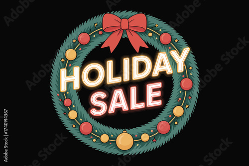 Holiday sale is displayed on a christmas wreath with ornaments