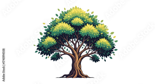 Vector illustration of a vibrant, stylized illustration of a large, leafy tree with a thick trunk and spreading branches, isolated on a