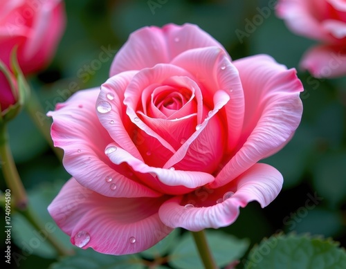 Close-up of a delicate damask rose with glistening water droplets on its velvety petals, showcasing its vibrant pink hue and intricate texture, lush, botanical, texture