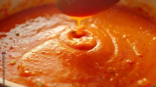 A spoon scoops thick creamy tomato soup from a pot ready for eating