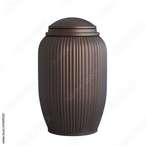Elegant ribbed metal urn against pure white background signifying remembrance