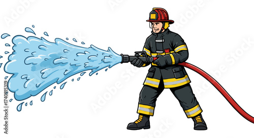 Cartoon firefighter in uniform with helmet aims water hose red hose
