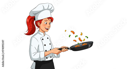 Cartoon chef in white uniform flips veggies in a pan red hair tied back