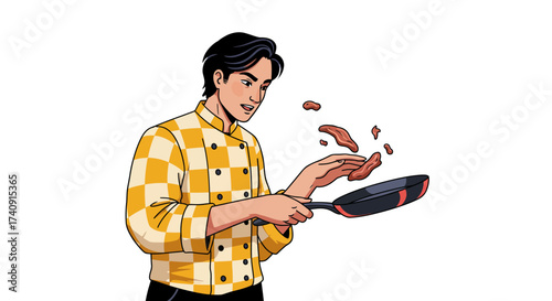 A man in a checkered chefs coat flips meat in a frying pan