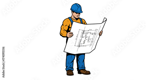 Construction worker with blue hardhat reading building plans