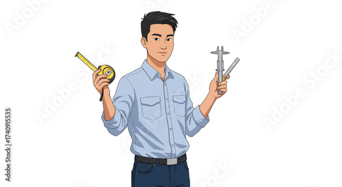 A man holds a measuring tape and calipers wearing jeans and a light blue shirt
