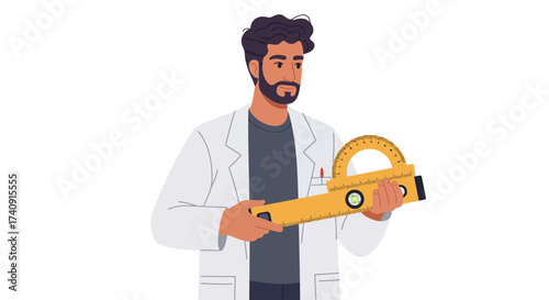 Scientist holding a protractor with a level