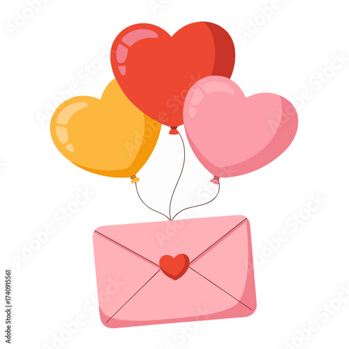 A cartoon illustration of three heart-shaped balloons floating above a pink envelope