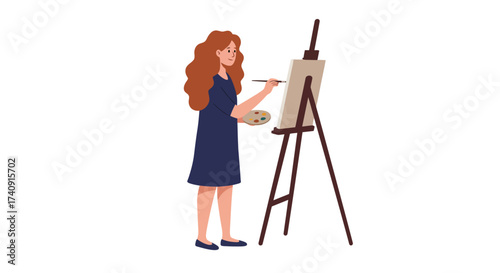 A woman paints on a canvas atop an easel holding a brush and palette