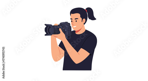 A smiling person with a ponytail holds a digital camera in a studio setting