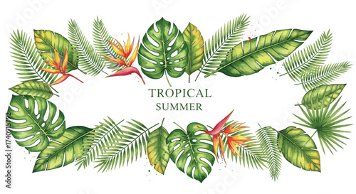 Vector illustration of tropical summer border frame with lush green monstera and palm leaves, bird of paradise flowers, and watercolor splashes