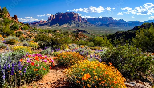 Scenic Landscape of Desert Mountains, Wildflowers, and Blue Sky Under the Sun