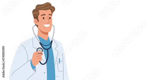 A smiling doctor in a white coat holds a stethoscope looking right