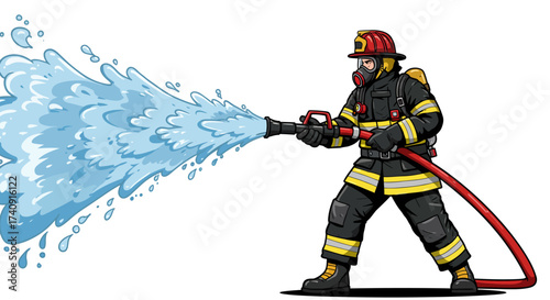 A firefighter in full gear operates a water hose spraying a large volume of water