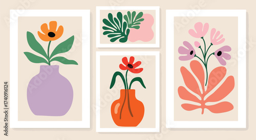 Vector illustration of a collection of modern abstract floral art in vases
