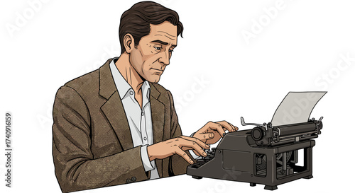 Man types on a vintage typewriter wearing a brown suit and white shirt
