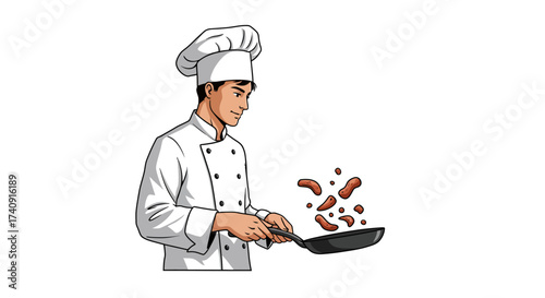 A chef tosses sausage links in a pan with a chefs hat and white uniform on a white background