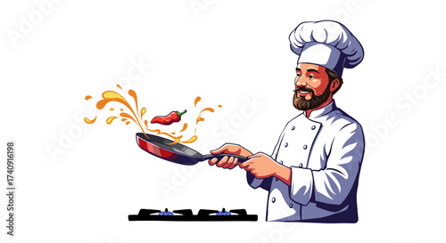 A chef in white uniform  toque tosses a red chili in a frying pan over a stovetop burner
