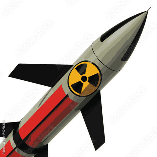 Stylized missile with radiation symbol and red stripes on white rocket nuclear