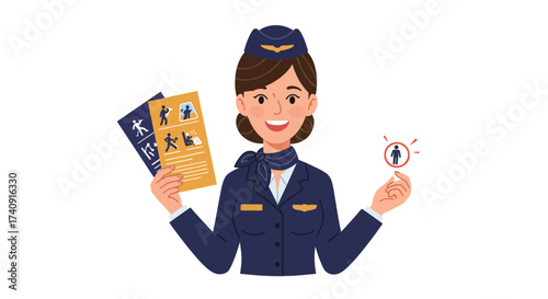 A smiling flight attendant holds safety cards and a passenger sign