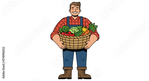 Farmer stands smiling holding a basket of produce in a red plaid shirt and overalls