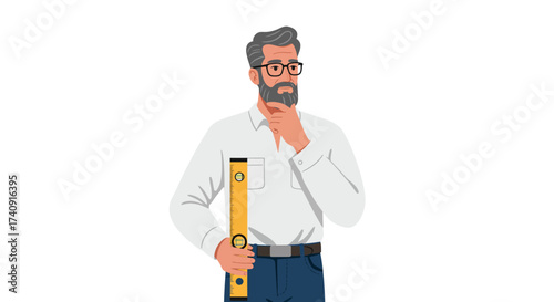 A man with glasses a beard and a level pondering with hand on chin