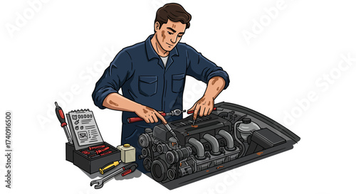 Mechanic works on engine tools and notes present