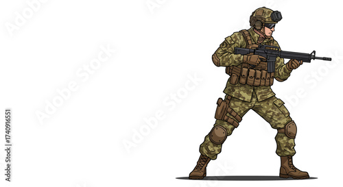 Pixel art soldier in camo aims an assault rifle geared with helmet pouches and boots