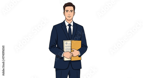 A man in a suit holds papers likely business documents