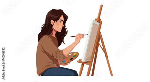 A brunette woman paints on a canvas propped up by a wooden easel She holds a paint palette