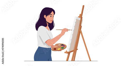 Woman stands painting at an easel Shes holding a palette with several colors of paint on it