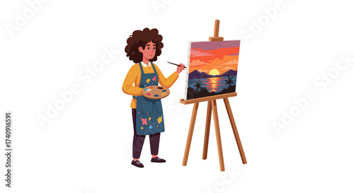 A woman is painting a sunset landscape on a canvas