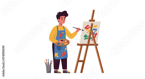 Artist painting on an easel brushes in a container