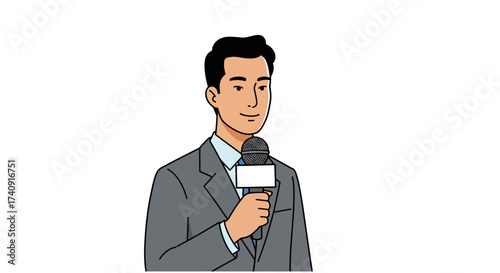 Man in a gray suit holding a microphone