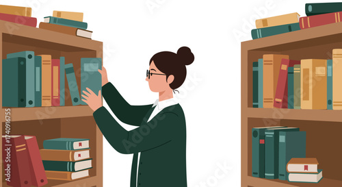 A librarian in glasses and a dark green blazer reaches for a teal book on a bookshelf filled with colorful books