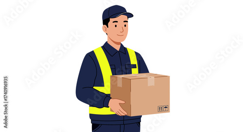 A delivery worker in a uniform holds a cardboard box wearing a cap and vest