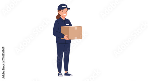Woman in blue uniform cap holding cardboard box full body