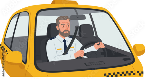 Taxi driver in a yellow cab holding the steering wheel