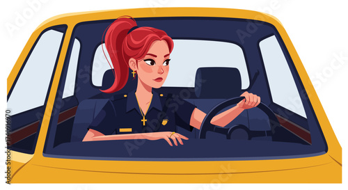 A woman with red hair in a ponytail is driving a yellow car She is wearing a dark blue shirt and jewelry