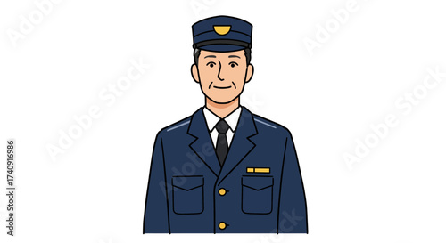A man dressed as a police officer with blue uniform hat tie and two pockets
