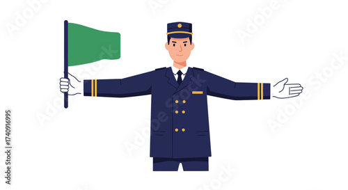A uniformed man holding a green flag with outstretched arms