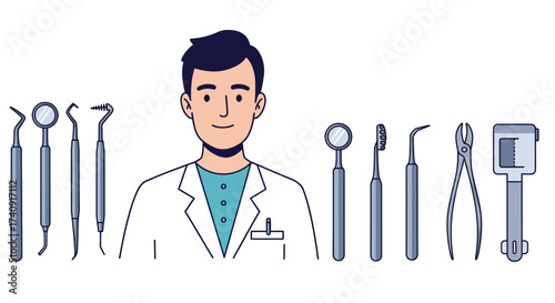 Dentist stands with array of dental tools