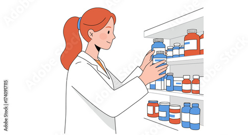 Redhaired pharmacist in a lab coat shelves medicine bottles displaying an organized workspace