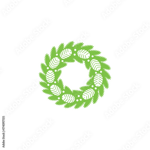 A simple green wreath design with pine needles and circular ornaments
