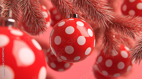 Red christmas balls on red background