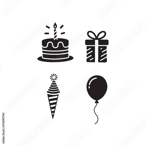 A collection of simple black icons representing birthday celebrations and gifts