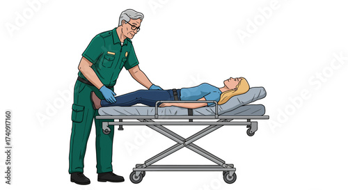 An EMT checks a female patient lying on a medical gurney