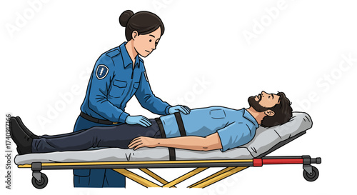 Paramedic examines a man lying on a stretcher in a medical setting