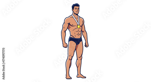 Muscular man wearing a medal standing on a white background