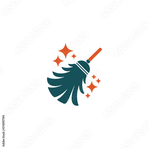 A simple teal and orange illustration of a cleaning brush with sparkles